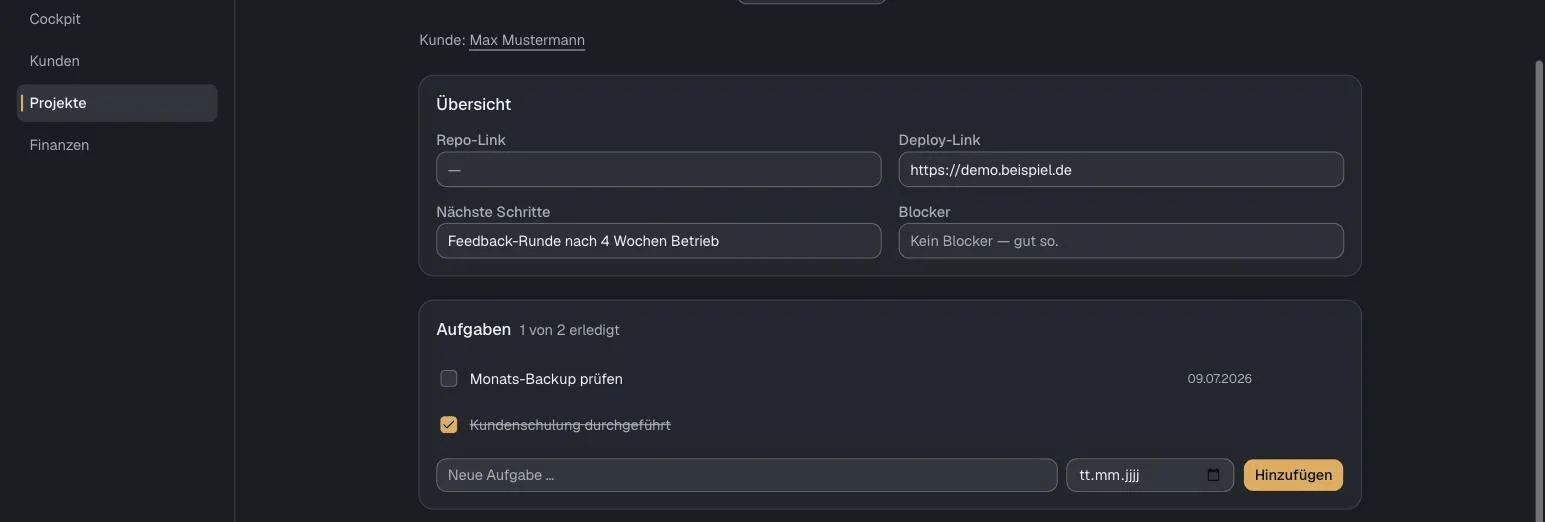 Betriebs-Tool: Projektansicht mit Übersicht und Aufgaben-Checkliste